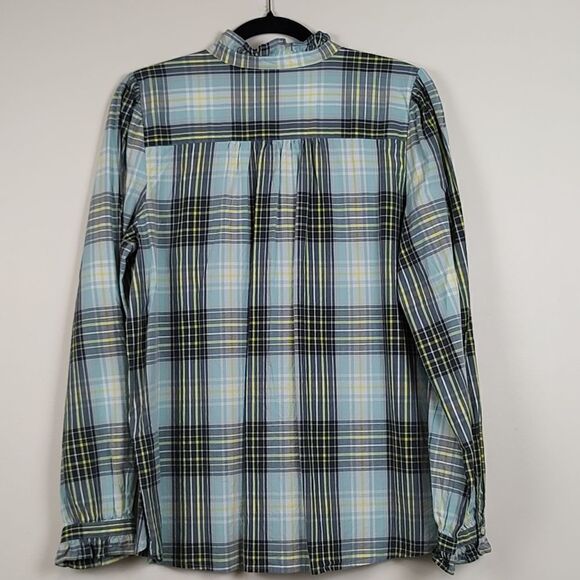 LOFT Ruffled Button Down Long Sleeve Blouse Top Blue Green Plaid Size L - Picture 10 of 13